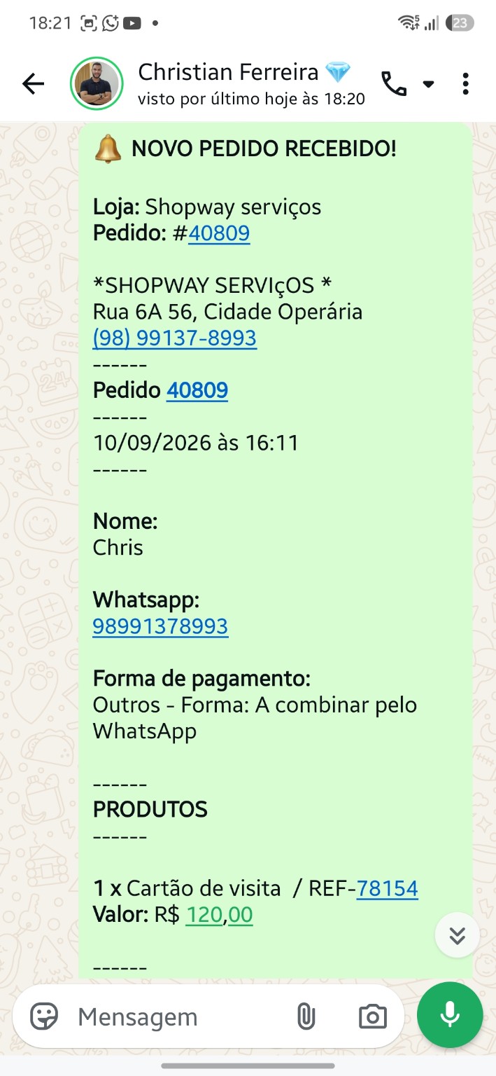 Exemplo real de notificação de novo pedido recebida no WhatsApp
