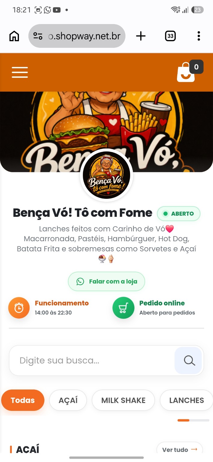 Vitrine ShopWay personalizada para uma loja de lanches