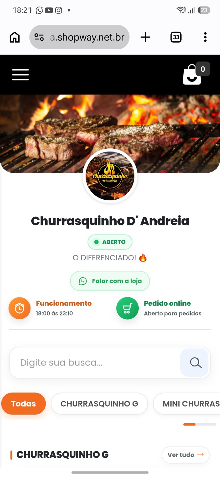 Loja de churrasquinho com identidade visual escura na ShopWay